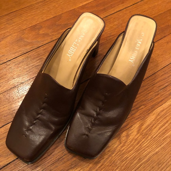 Vintage 90s Sam & Libby leather square toe mules brown 8 1/2 - Picture 1 of 8